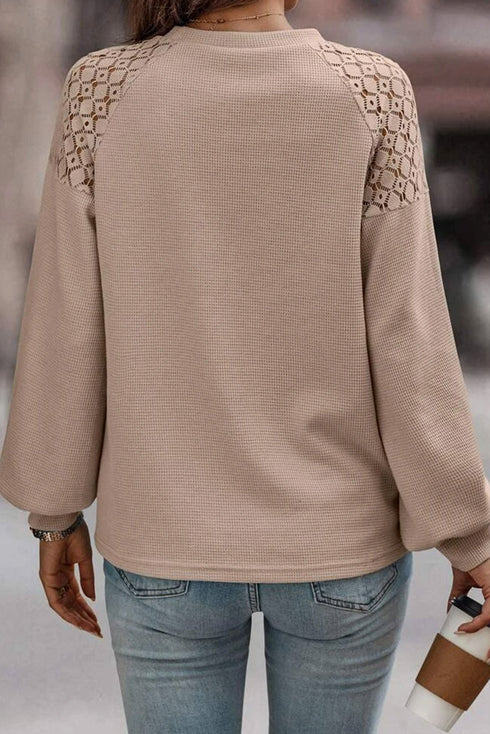 Lace Shoulder Waffle Knit Raglan Long Sleeve Top